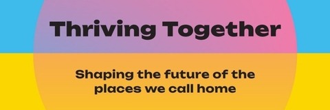Image of Thriving Together with blue, pink, yellow and orange backgrounds